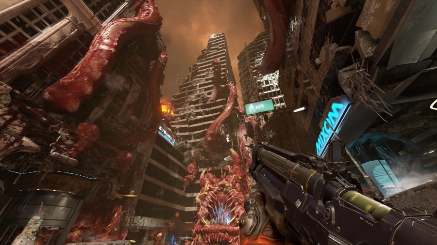 Looking at a Earth city covered in gore in Doom Eternal