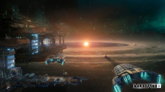 A space colony, with several ships in view, all looking at a glowing star in the distance