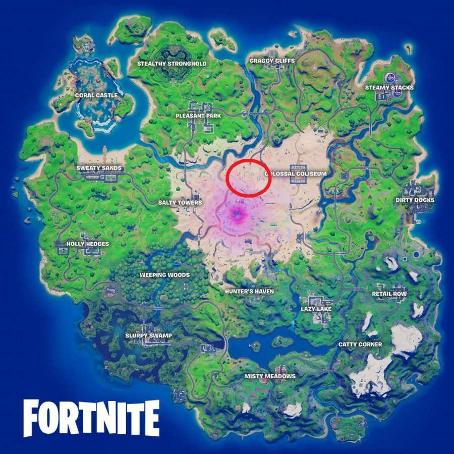 The crystal tree location is circled on the Fortnite map.