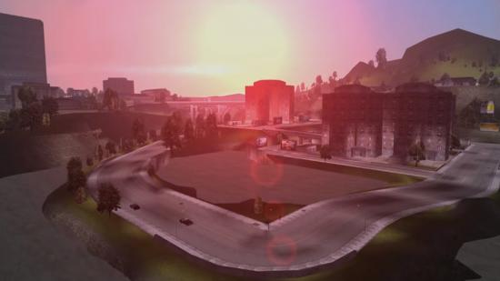 The sun setting over a suburban road in GTA 3, that's been improved thanks to mods