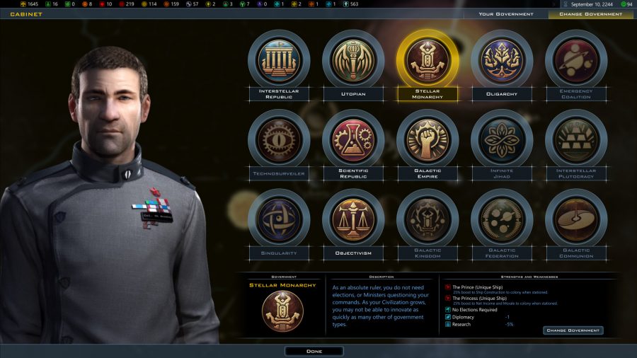 The government selection screen, showing off various options