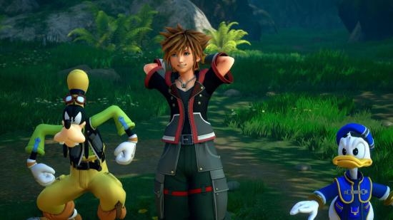 Sora, the main protagonist of Kingdom Hearts 3, stands next to Disney's Donald Duck and Goofy in a forest