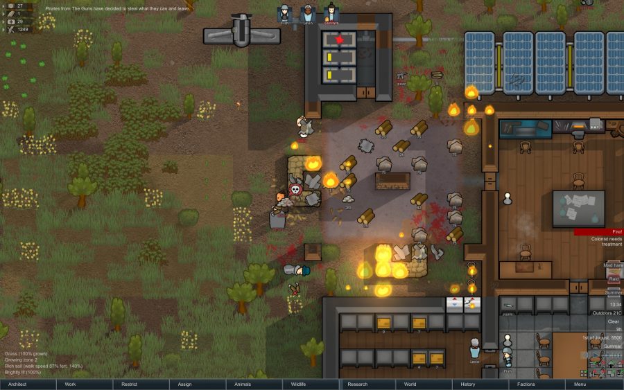 A rimworld colony is on fire