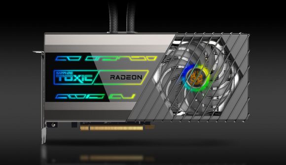 Sapphire's all-in-one liquid cooled graphics card with a built-in fan and blue, green, and yellow RGB lighting