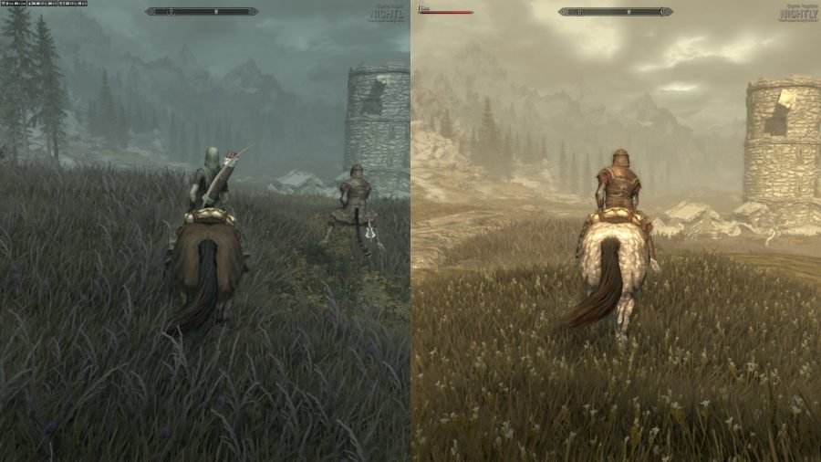 Two players in Skyrim splitscreen riding around on horseback 