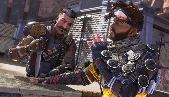Fuse and Mirage going head-to-head in an arm wrestle in Apex Legends