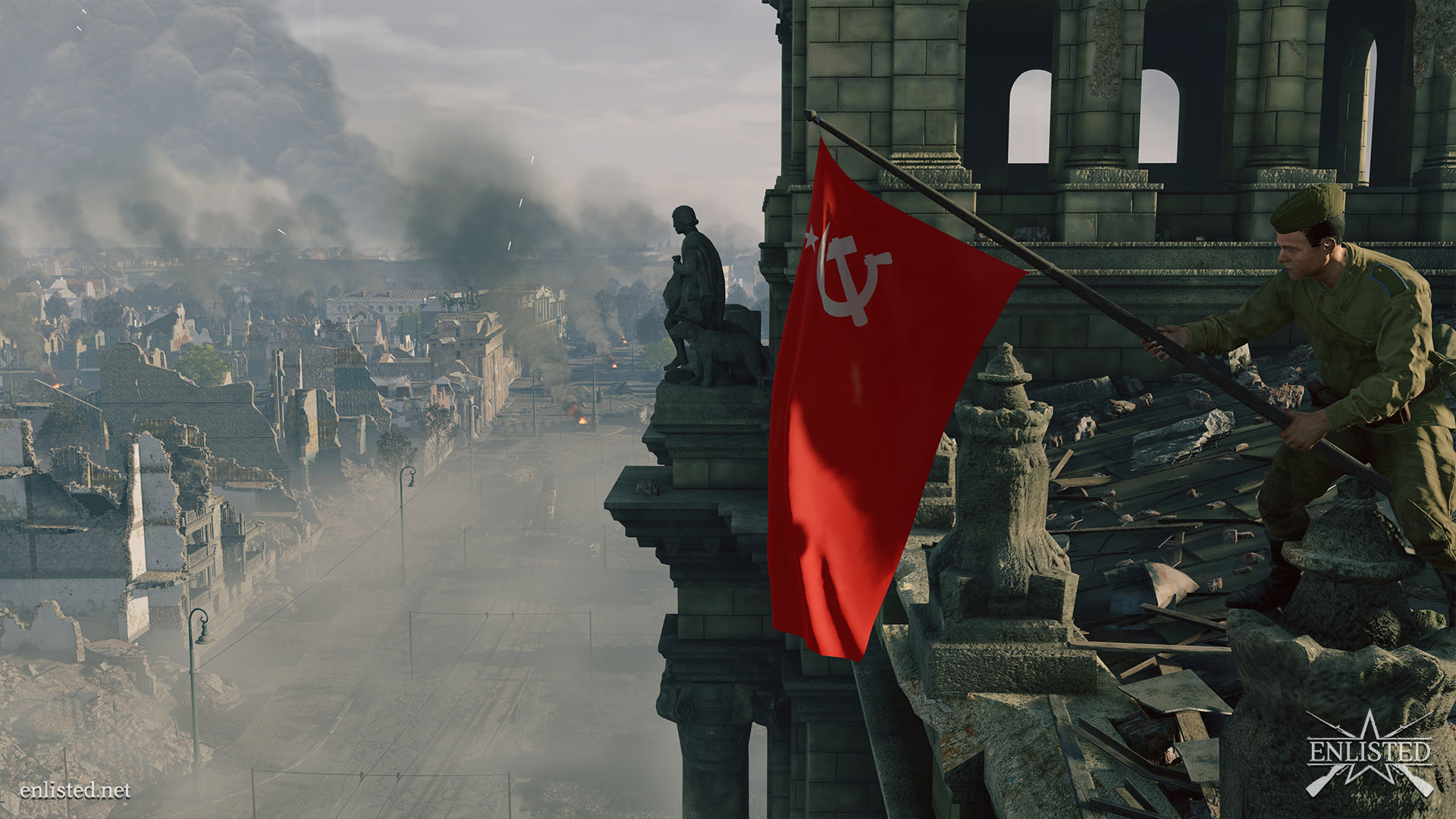 Best free PC games: a soldier waving a Soviet flag in Enlisted.