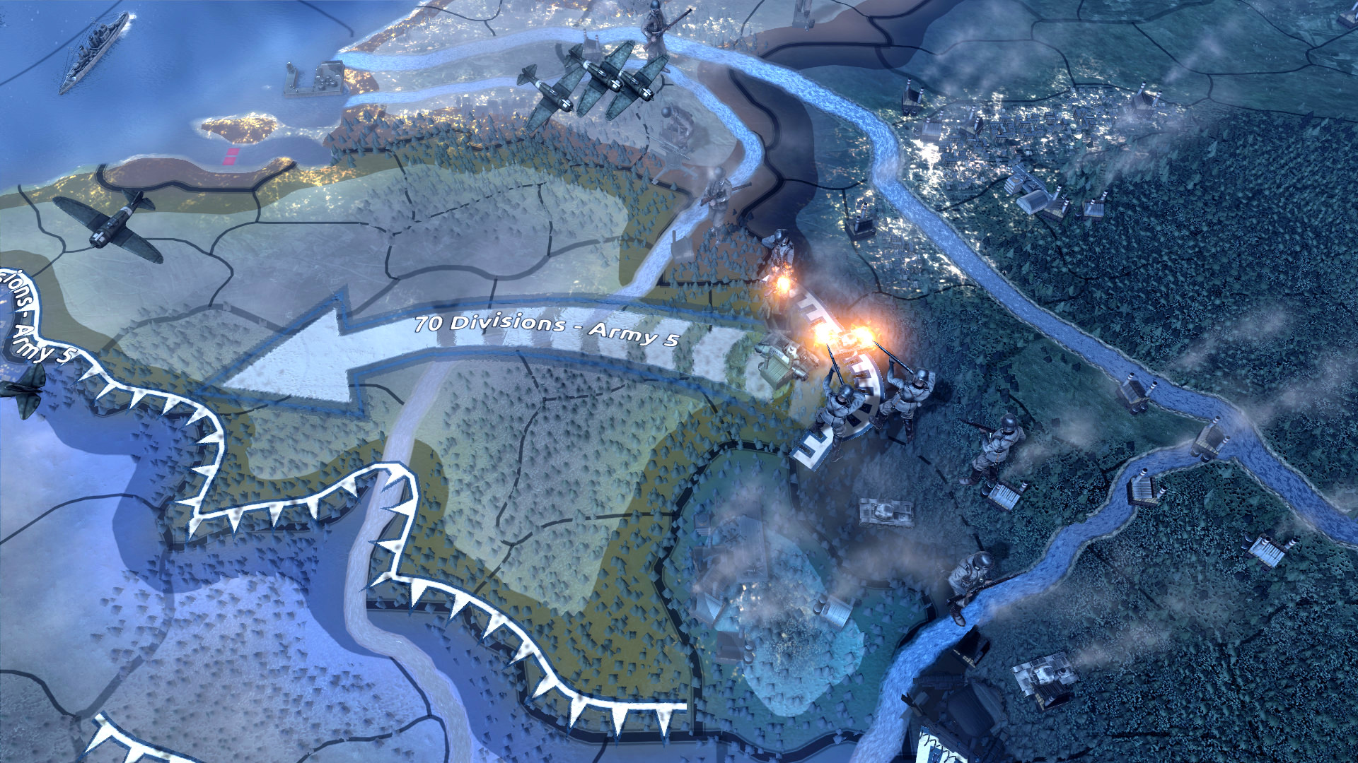 Best war games: Hearts of Iron IV. Image shows a map with military forces moving across it.