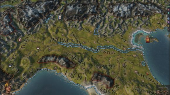 A top down view of northern italy in ck3 map, showing new map changes