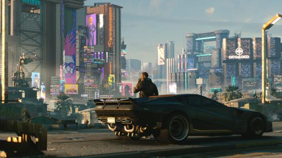 The protagonist of Cyberpunk 2077 stares out into Night City