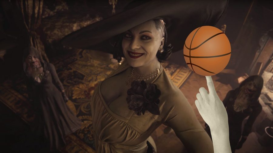 Lady D spinning a basketball on one fingertip