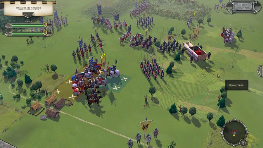 Looking over a medieval battleground in Field of Glory 2: Medieval