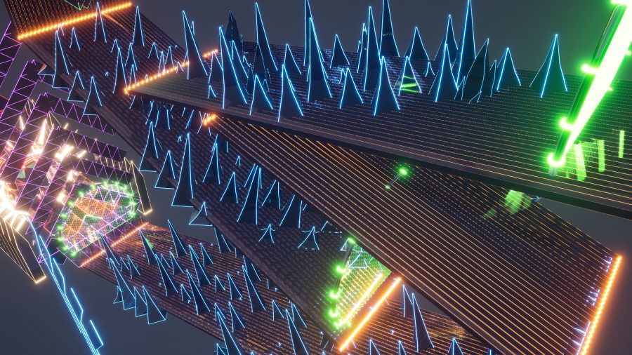 A brightly lit race track covered in neon-lit obstacles in Kinetic Edge