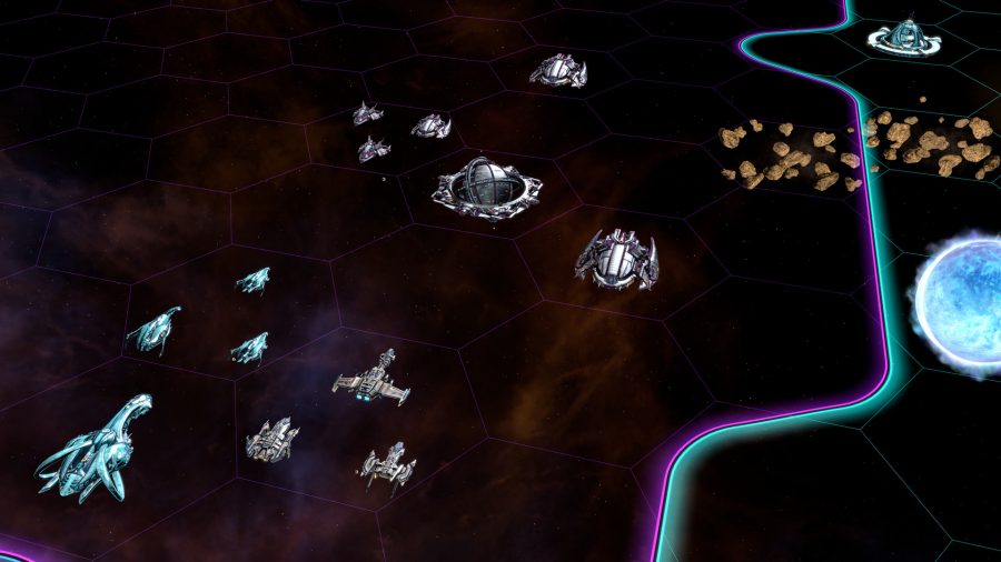 Two groups of fleets face off against each other at a border zone