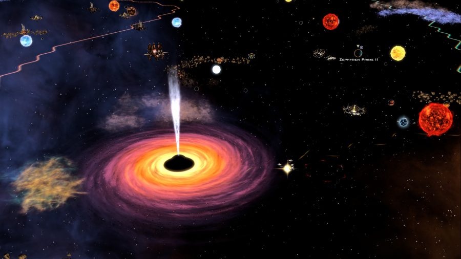 a black hole in space, surrounded by planetary bodies