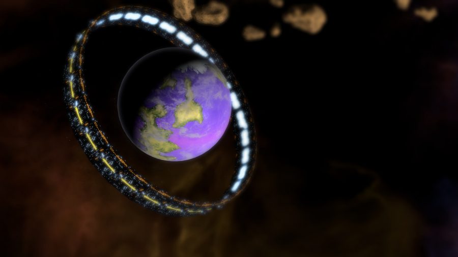 An earth-like planet with a giant metal ring around it
