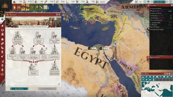 the middle east is shown on the map, with a mission tree open in the fore.