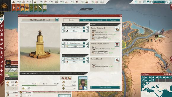 the wonder creation screen in imperator rome, showing off the in-game model and various options.