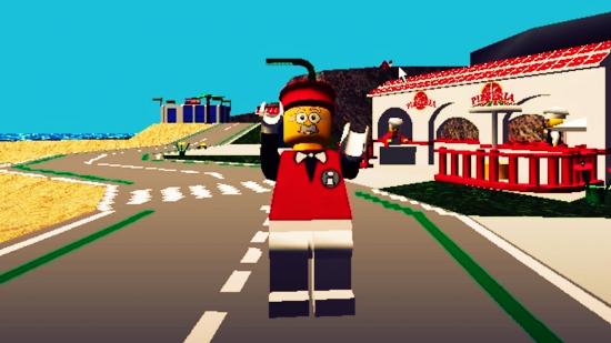 Low-res virtual lego character waving outside a pizzeria