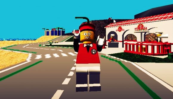 Low-res virtual lego character waving outside a pizzeria