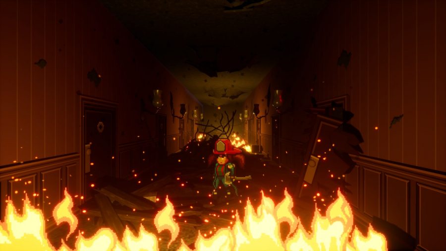 Firegirl in a burning apartment building