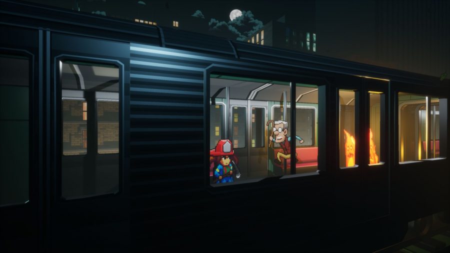 Firegirl fighting through a burning train