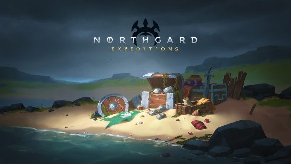 official artwork from northgard expeditions shows a treasure chest on a beach