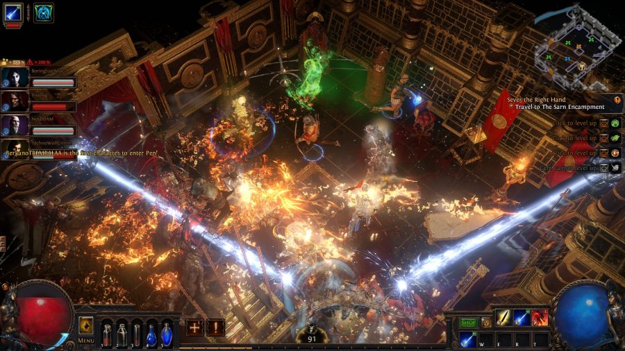 A Path of Exile team clearing out a room of enemies using fire spells
