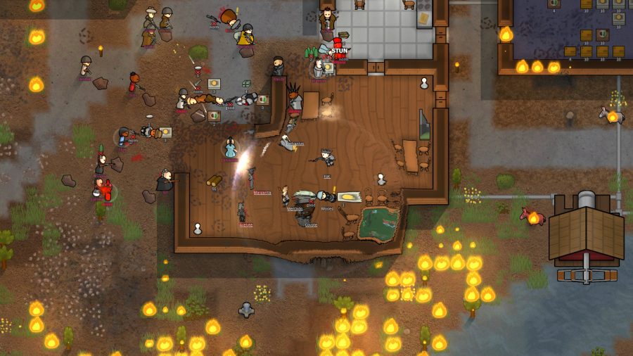 colonists in rimworld try to protect their leader while the colony burns