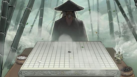 An old man sitting in front of a Chinese chess board