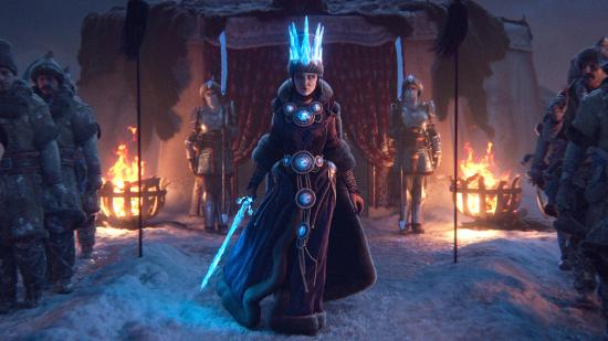 A regal women with an ice crown and ice sword steps out of a tent, from the Warhammer 3 trailer