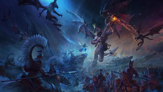 In Total War: Warhammer 3's key art, a Bloodthirster attacks Tsarina Katarin of Kislev surrounded by a daemon army