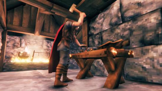 A man crafting items at a workbench in Valheim