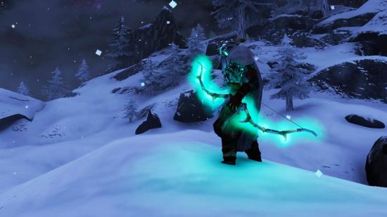 A powerful character in Valheim wielding a glowing bow on top of a snowy mountain