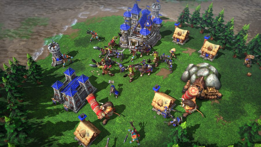 Top down view of a map in Warcraft 3 Reforged
