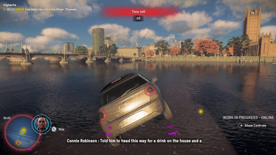 Player driving into the River Thames in Watch Dogs Legion