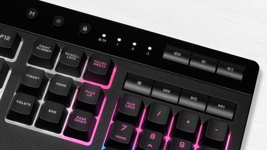 Corsair's K55 RGB Pro XT has media keys in the top-right hand corner, letting you play, pause, skip, and backtrack songs, as well as adjust the volume