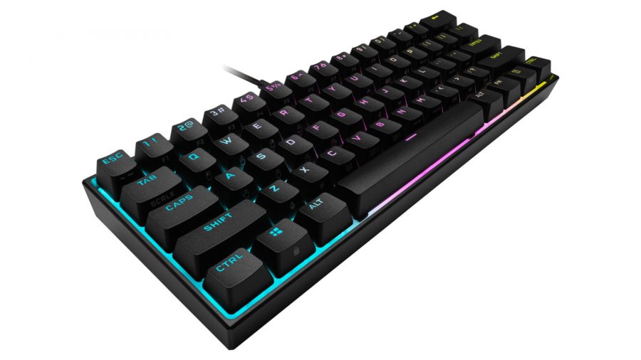 A product photo of Corsair's K65 RGB Mini gaming keyboard against a white background