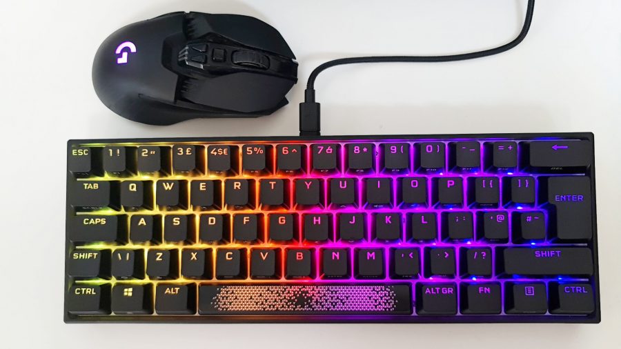 The Corsair K65 RGB Mini gaming keyboard is about twice the size of a Logitech G903 gaming mouse