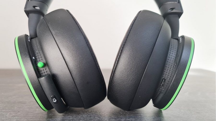 Microsoft's Xbox Wireless Headset has a mute microphone button and power switch on the left ear cup, and a USB Type-C port on the right