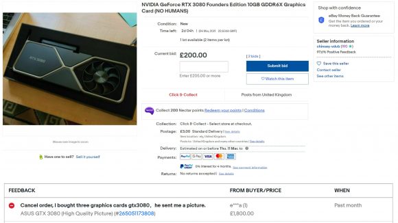An ebay listing for an Nvidia RTX 3080 that's designed to catch out scalper bots, but has instead scammed a shopper