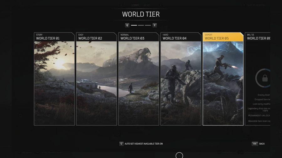 The World Tier screen in Outriders. You need to be World Tier 5 to farm legendary loot.