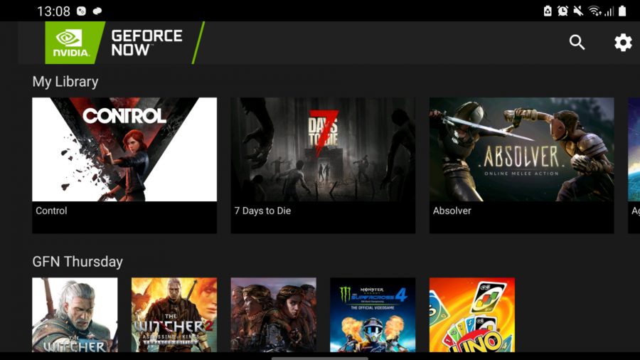 Nvidia's GeForce Now on smartphones shows a menu of games in our library, including Control and The Witcher