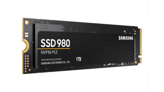 Samsung's black 1TB 980 NVMe SSD sits against a white background