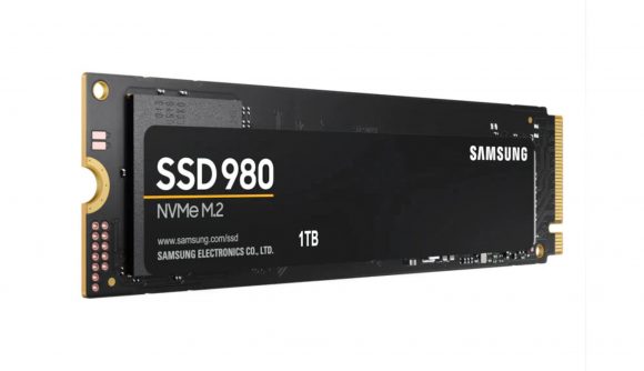 Samsung's black 1TB 980 NVMe SSD sits against a white background