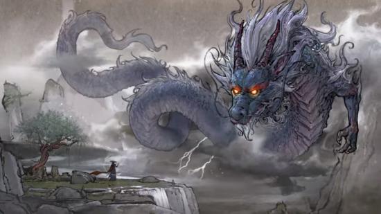 A man on a cliff's edge stares at a giant blue dragon in a mountain range, the scene is hand-drawn