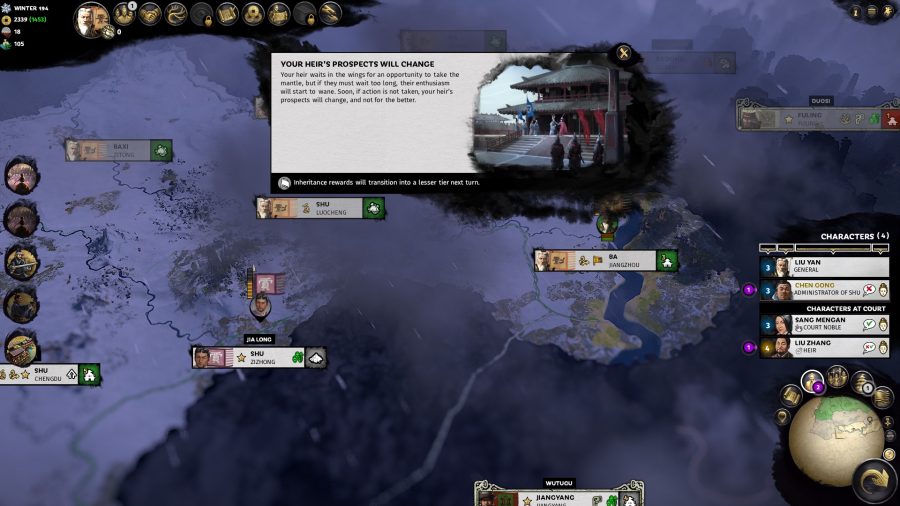 In a game of Total War: Three Kingdoms, a notification pops up in the UI warning that Liu Yan's heir will receive lesser inheritance rewards if the players delays the transition of power for another turn.