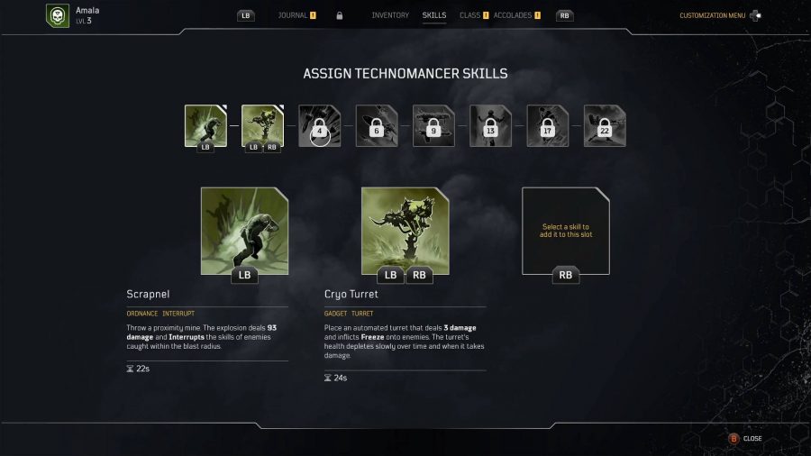 The skills tab for the Technomancer in Outriders. Two skills are unlocked and lean towards a support build.