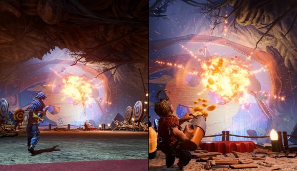 A vertical split screen showing characters shooting explosives at a giant hornet's nest
