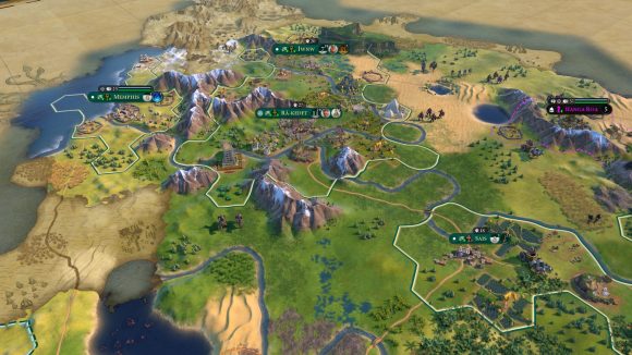 an egyptian civ's empire in civ 6, cities spread along a river